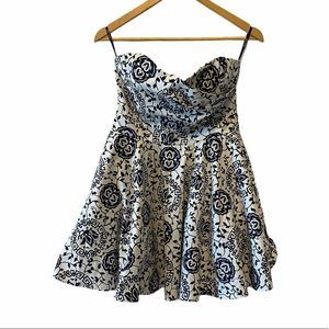 White & Navy Sateen Printed Strapless Party Dress